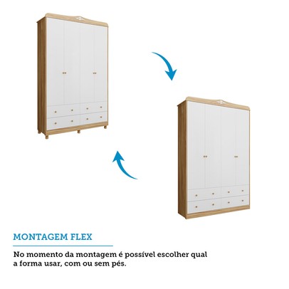 Guarda-Roupa Infantil Elô 4 Portas 4 Gavetas 100% Mdf Branco Brilho/Amêndoa - Móveis Peroba