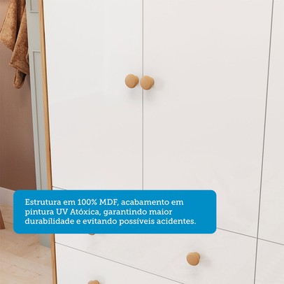 Guarda-Roupa Infantil Elô 4 Portas 4 Gavetas 100% Mdf Branco Brilho/Amêndoa - Móveis Peroba