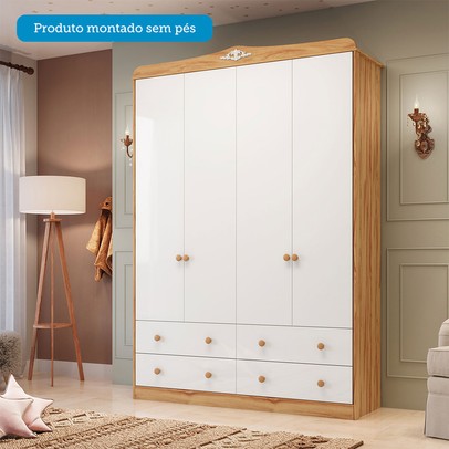 Guarda-Roupa Infantil Elô 4 Portas 4 Gavetas 100% Mdf Branco Brilho/Amêndoa - Móveis Peroba