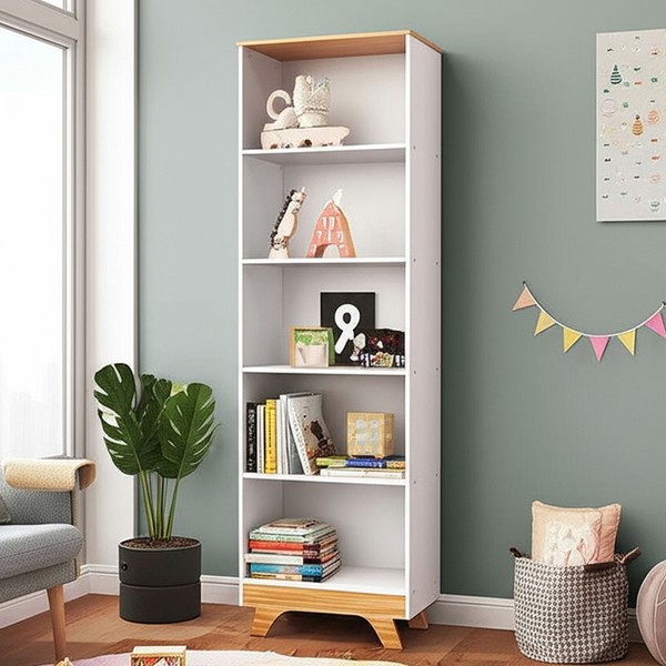 Estante para Livros Retrô 4 Prateleiras 100% Mdf Branco Brilho/Amêndoa - Móveis Peroba