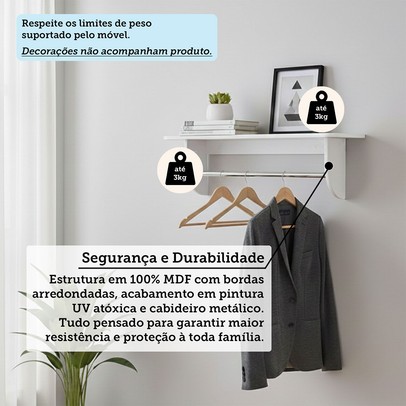 Prateleira com Cabideiro Decor 100% Mdf Branco Brilho - Móveis Peroba