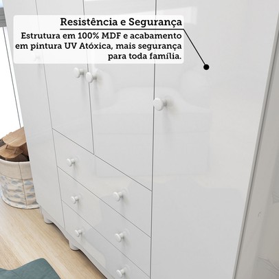 Quarto de Bebê Completo Zuri 5 Portas 7 Gavetas 100% Mdf Branco/Amêndoa Brilho - Móveis Peroba