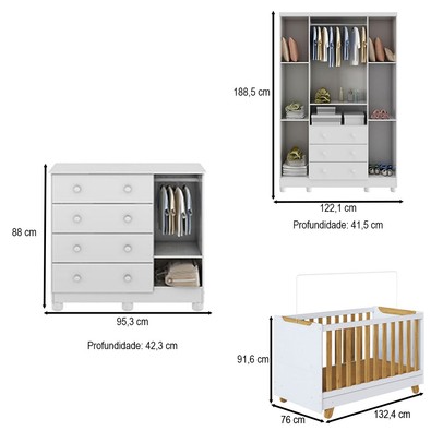 Quarto de Bebê Completo Zuri 5 Portas 7 Gavetas 100% Mdf Branco/Amêndoa Brilho - Móveis Peroba