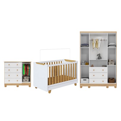 Quarto de Bebê Completo Zuri 5 Portas 7 Gavetas 100% Mdf Branco Brilho/Amêndoa - Móveis Peroba