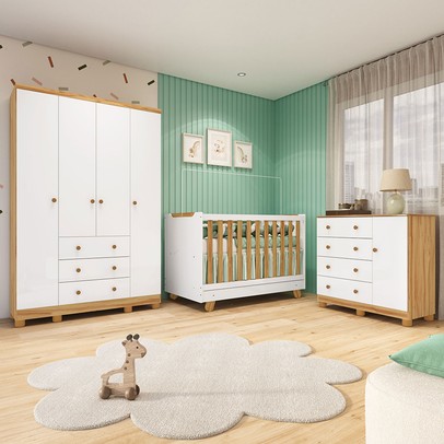 Quarto de Bebê Completo Zuri 5 Portas 7 Gavetas 100% Mdf Branco Brilho/Amêndoa - Móveis Peroba