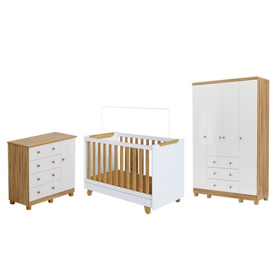Quarto de Bebê Completo Zuri 5 Portas 7 Gavetas 100% Mdf Branco Brilho/Amêndoa - Móveis Peroba