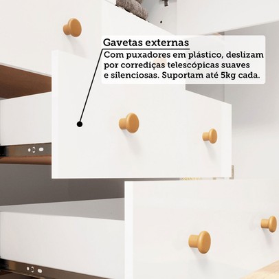 Quarto de Bebê Completo Zuri 5 Portas 7 Gavetas 100% Mdf Branco Brilho/Amêndoa - Móveis Peroba