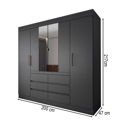 Guarda-Roupa Casal Honey 4 Portas 6 Gavetas com Espelho Preto/Amêndola - Panorama Móveis