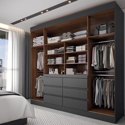 Guarda-Roupa Casal Honey 4 Portas 6 Gavetas com Espelho Preto/Amêndola - Panorama Móveis