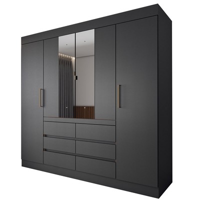Guarda-Roupa Casal Honey 4 Portas 6 Gavetas com Espelho Preto/Amêndola - Panorama Móveis