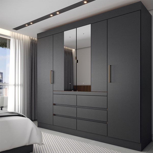 Guarda-Roupa Casal Honey 4 Portas 6 Gavetas com Espelho Preto/Amêndola - Panorama Móveis