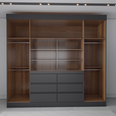 Guarda-Roupa Casal Honey 4 Portas 6 Gavetas com Espelho Preto/Amêndola - Panorama Móveis