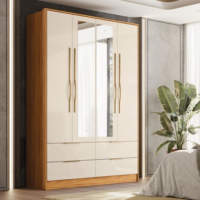 Guarda-Roupa Casal Domo 4 Portas 4 Gavetas com Espelho 44020 Cinamomo/Off White - Demóbile