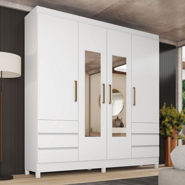 Guarda-Roupa Casal Roma 4 Portas 6 Gavetas Branco - Demobile
