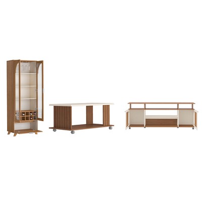 Sala de Estar Completa para TV Até 75 Polegadas com Cristaleira e Mesa de Centro Mila Cinamomo/Off White - Pnr Móveis