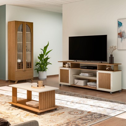 Sala de Estar Completa para TV Até 75 Polegadas com Cristaleira e Mesa de Centro Mila Cinamomo/Off White - Pnr Móveis