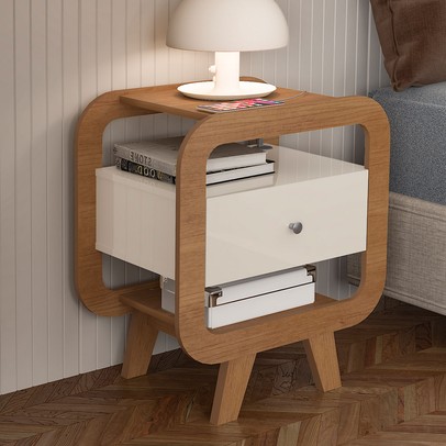 Conjunto Mesas de Cabeceira Theo 2 Gavetas com Porta Usb e C Cinamomo/Off White - Pnr Móveis