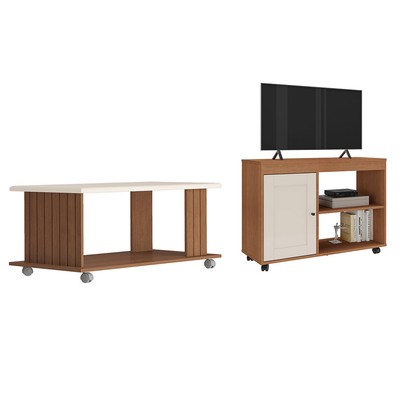 Sala de Estar Completa para TV Até 42 Polegadas 1 Porta e Mesa de Centro Cinamomo/Off White - Pnr Móveis