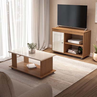 Sala de Estar Completa para TV Até 42 Polegadas 1 Porta e Mesa de Centro Cinamomo/Off White - Pnr Móveis