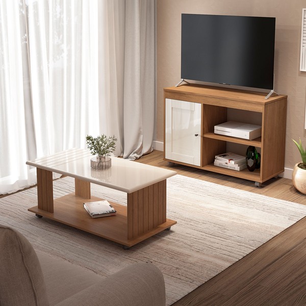 Sala de Estar Completa para TV Até 42 Polegadas 1 Porta e Mesa de Centro Cinamomo/Off White - Pnr Móveis