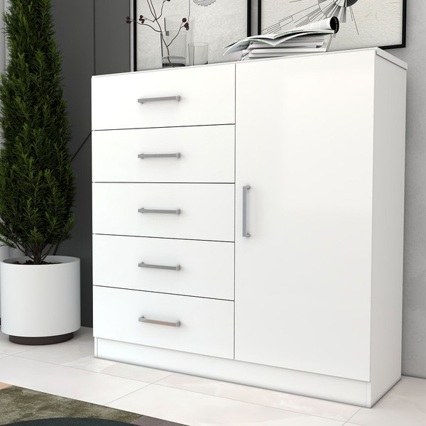 Cômoda Flórida Avanti 5 Gavetas 1 Porta Branco - Panorama Móveis