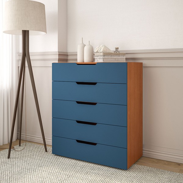 Cômoda Madri 5 Gavetas Azul/Freijó - Politorno