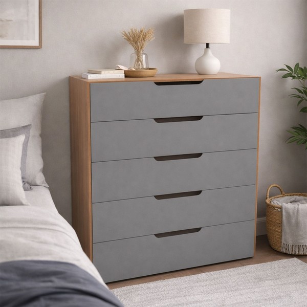Cômoda Madri 5 Gavetas Cinza/Freijó - Politorno