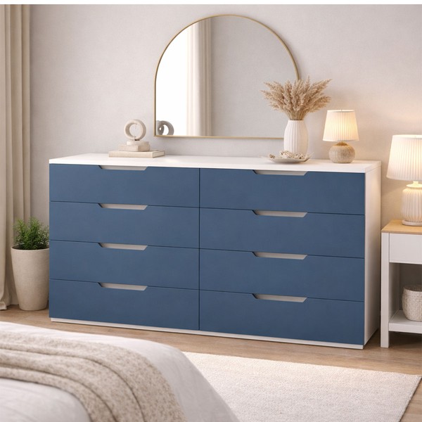 Cômoda Madri 8 Gavetas Azul/Branco - Politorno