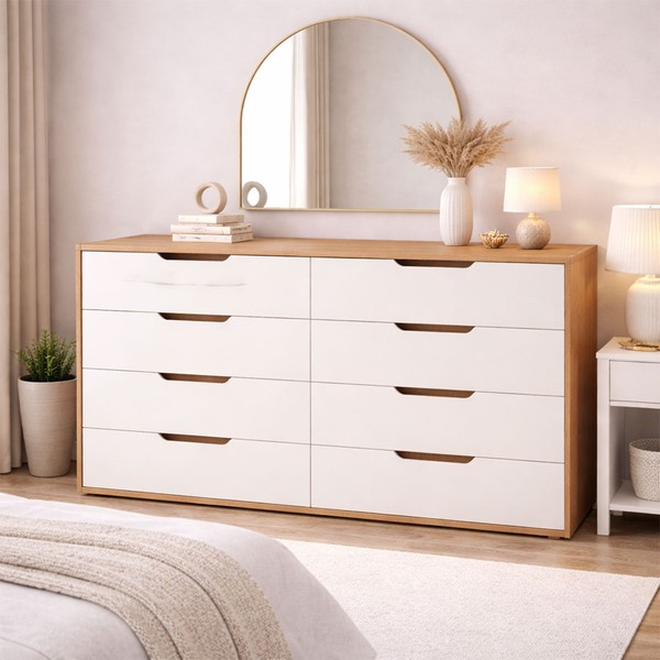 Cômoda Madri 8 Gavetas Creme/Freijó - Politorno