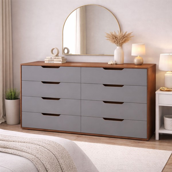 Cômoda Madri 8 Gavetas Cinza/Freijó  - Politorno