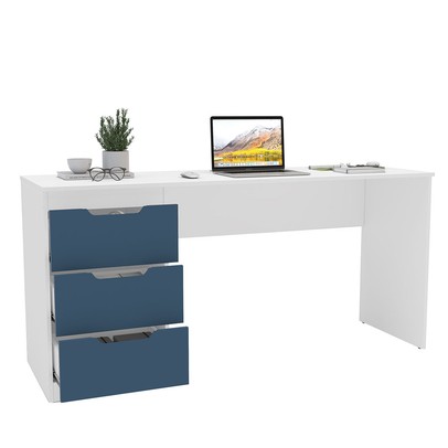 Mesa para Escritório Madri 3 Gavetas Azul/Branco - Politorno