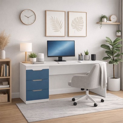 Mesa para Escritório Madri 3 Gavetas Azul/Branco - Politorno