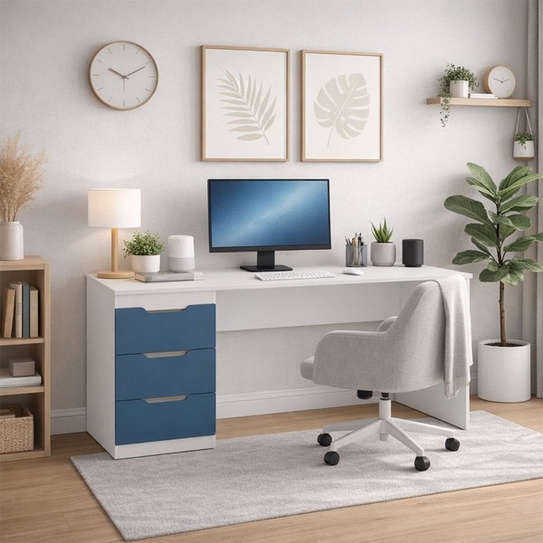 Mesa para Escritório Madri 3 Gavetas Azul/Branco - Politorno