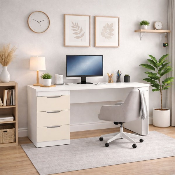 Mesa para Escritório Madri 3 Gavetas Creme/Branco - Politorno