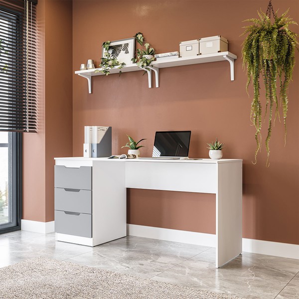 Mesa para Escritório Madri 3 Gavetas Cinza/Branco - Politorno