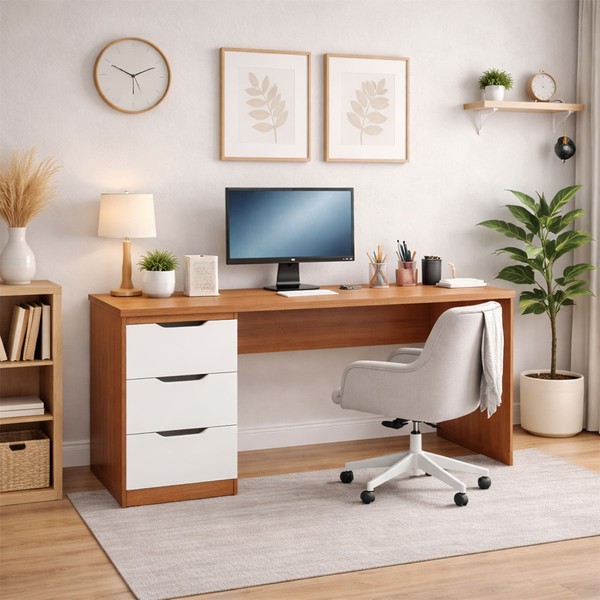 Mesa para Escritório Madri 3 Gavetas Branco/Freijó - Politorno