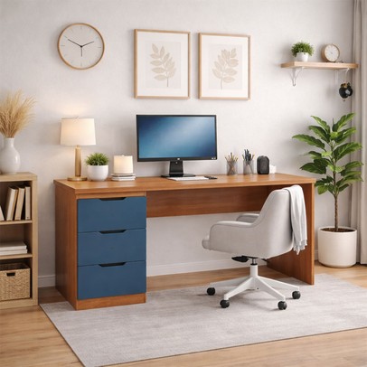 Mesa para Escritório Madri 3 Gavetas Azul/Freijó - Politorno