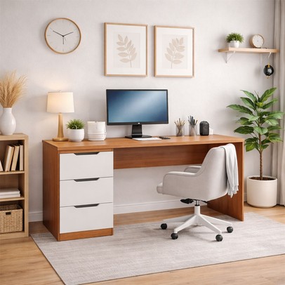 Mesa para Escritório Madri 3 Gavetas Creme/Freijó - Politorno