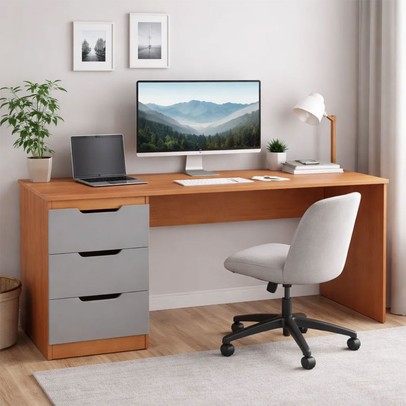 Mesa para Escritório Madri 3 Gavetas Cinza/Freijó - Politorno