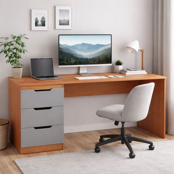 Mesa para Escritório Madri 3 Gavetas Cinza/Freijó - Politorno