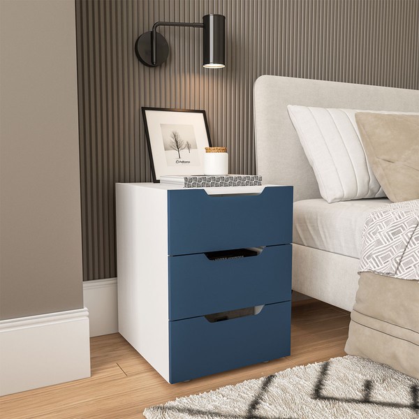 Mesa de Cabeceira Madri 3 Gavetas Azul/Branco - Politorno
