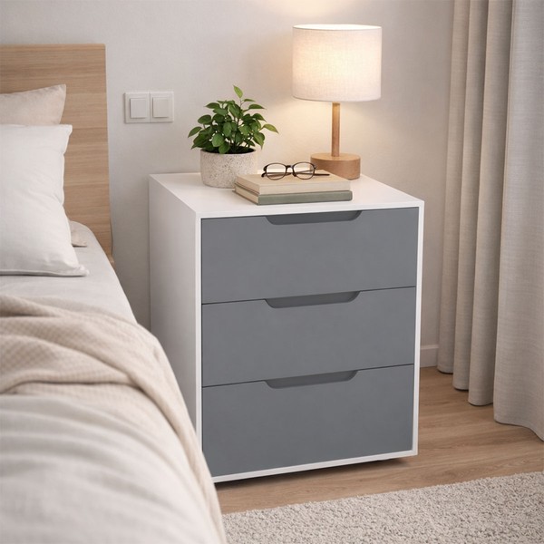 Mesa de Cabeceira Madri 3 Gavetas Cinza/Branco - Politorno