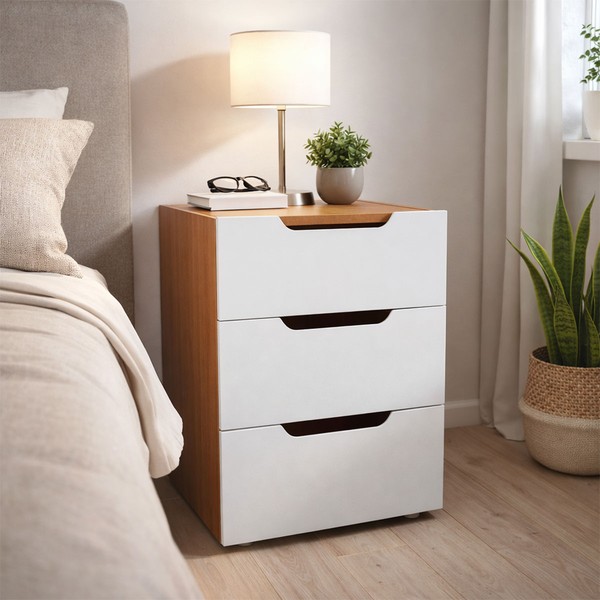 Mesa de Cabeceira Madri 3 Gavetas Branco/Freijó - Politorno