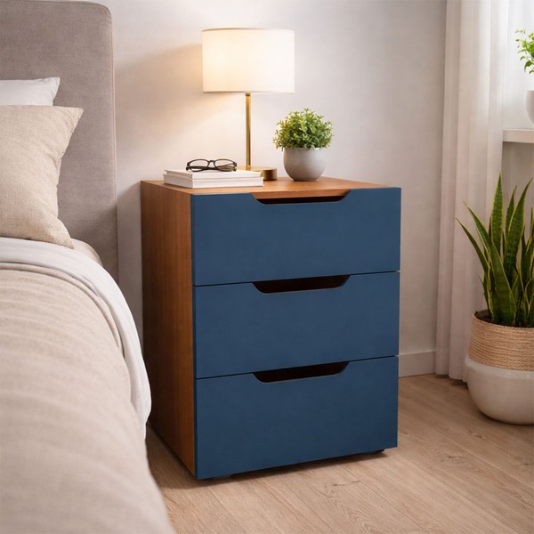 Mesa de Cabeceira Madri 3 Gavetas Azul/Freijó - Politorno