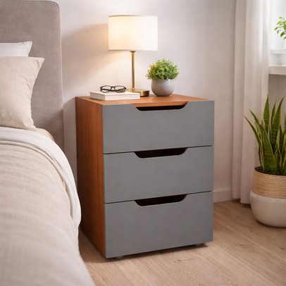 Mesa de Cabeceira Madri 3 Gavetas Cinza/Freijó - Politorno