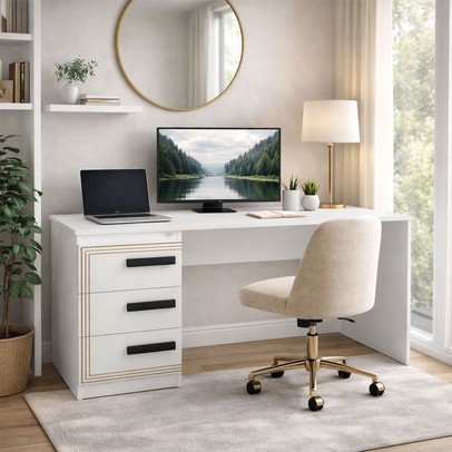 Mesa para Escritório Valência 3 Gavetas Branco - Politorno