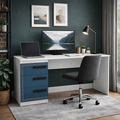 Mesa para Escritório Valência 3 Gavetas Azul/Branco - Politorno