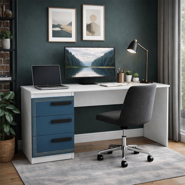 Mesa para Escritório Valência 3 Gavetas Azul/Branco - Politorno