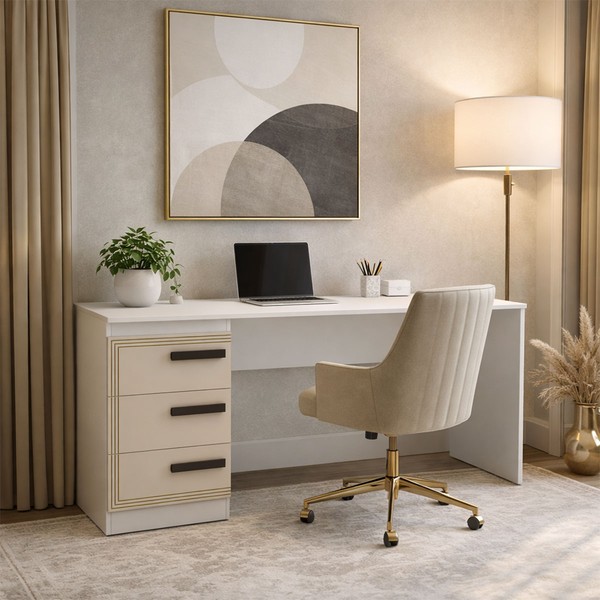 Mesa para Escritório Valência 3 Gavetas Creme/Branco - Politorno