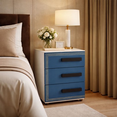 Mesa de Cabeceira Valência 3 Gavetas Azul/Branco - Politorno